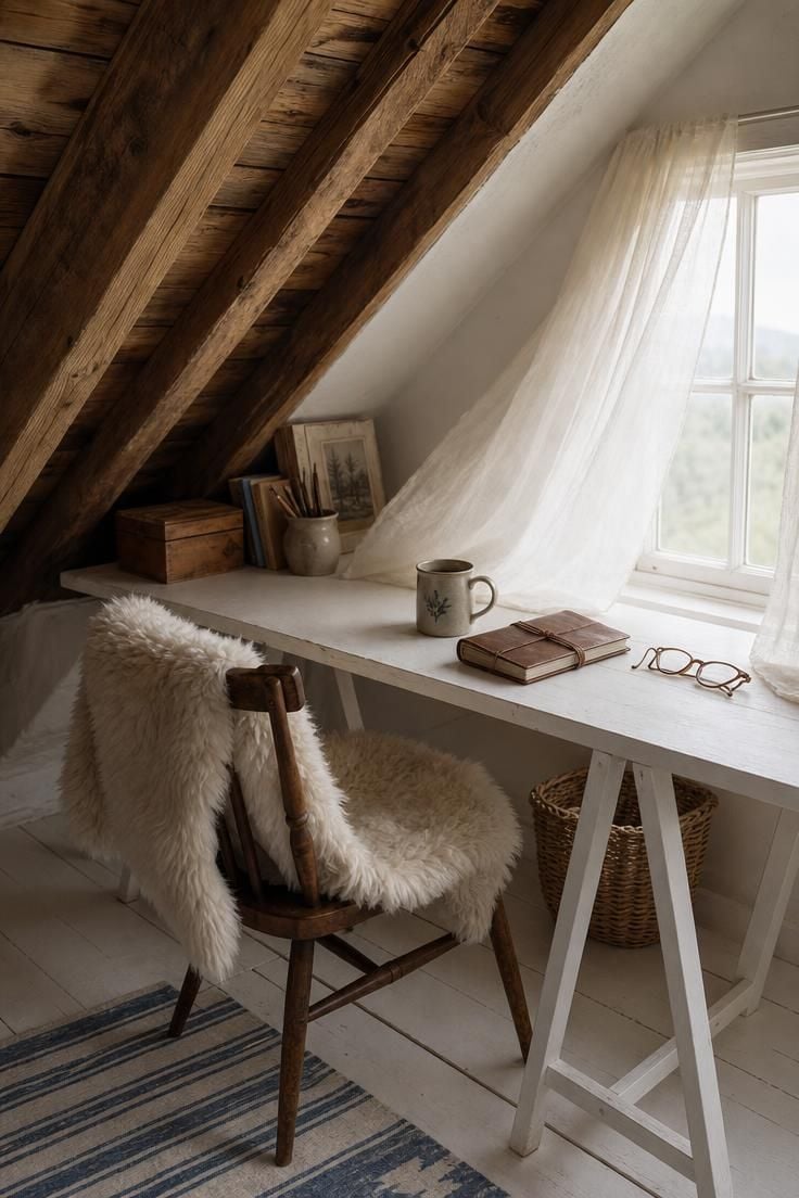 12 Charming Cottage Office Ideas for Calm Workdays 4 A sloped-ceiling attic cottage office with exposed pine rafters and a simple white writing desk beneath a dormer window.