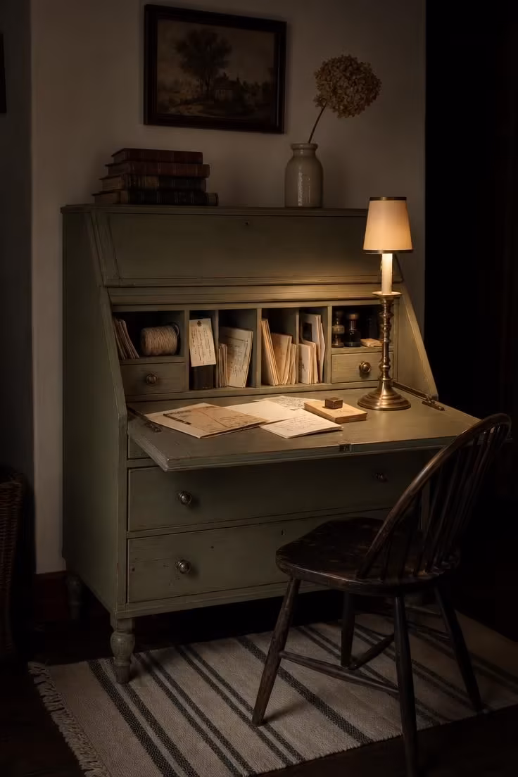 12 Charming Cottage Office Ideas for Calm Workdays 5 A chalky sage green painted secretary desk with an open fold-down surface and a brass candlestick lamp in a moody cottage office.
