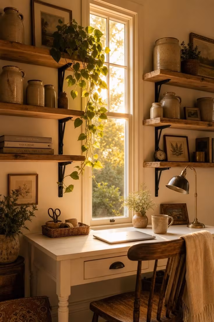 12 Charming Cottage Office Ideas for Calm Workdays 6 Open pine shelving on black iron brackets flanking a window above a cottage office desk with golden afternoon light.