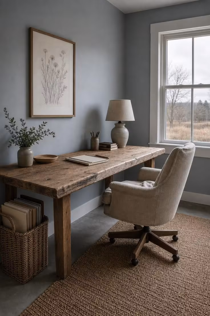 12 Charming Cottage Office Ideas for Calm Workdays 7 A reclaimed wood desk with an oatmeal linen swivel chair in a cottage office with cool overcast light.