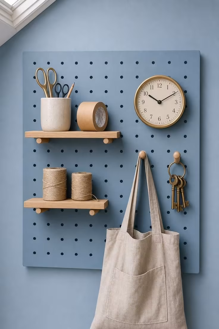 12 Charming Cottage Office Ideas for Calm Workdays 8 A dusty blue pegboard organizer painted to match the wall in a bright cottage office with organized supplies.
