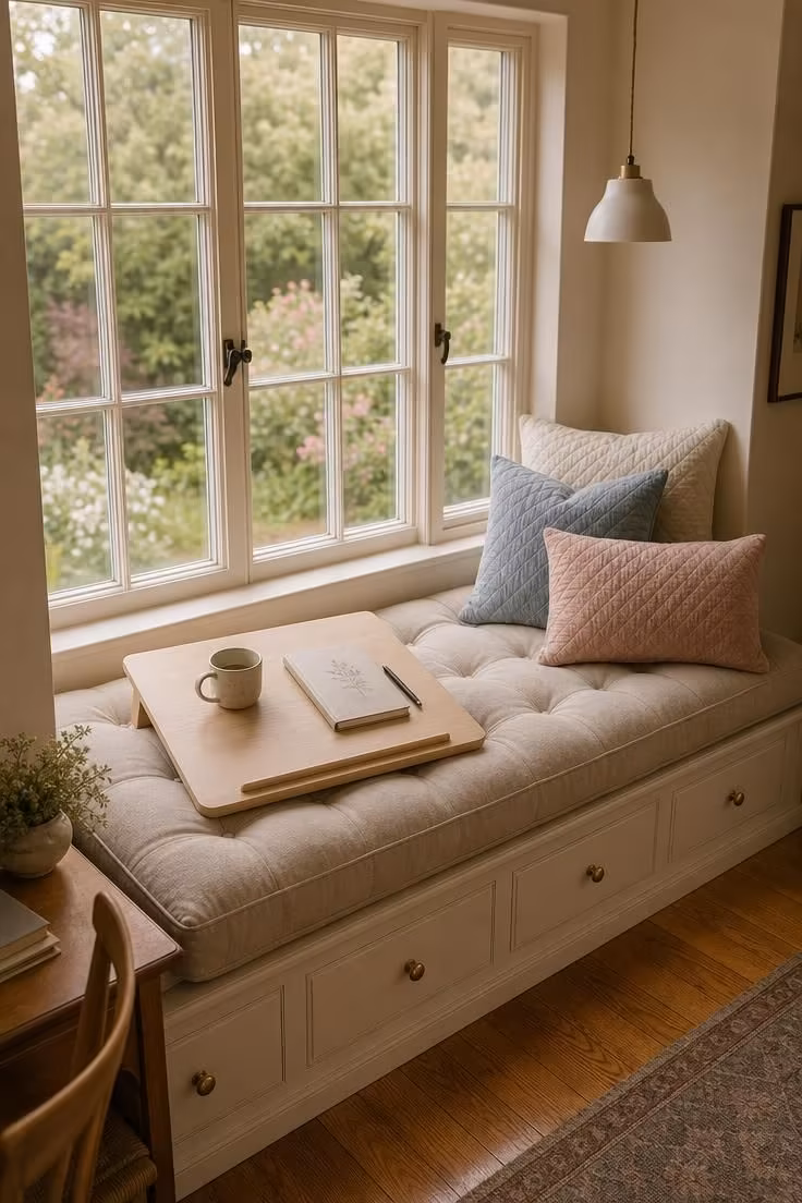 12 Charming Cottage Office Ideas for Calm Workdays 9 A cottage window seat with a tufted linen cushion and birch lap desk doubling as a reading nook office.