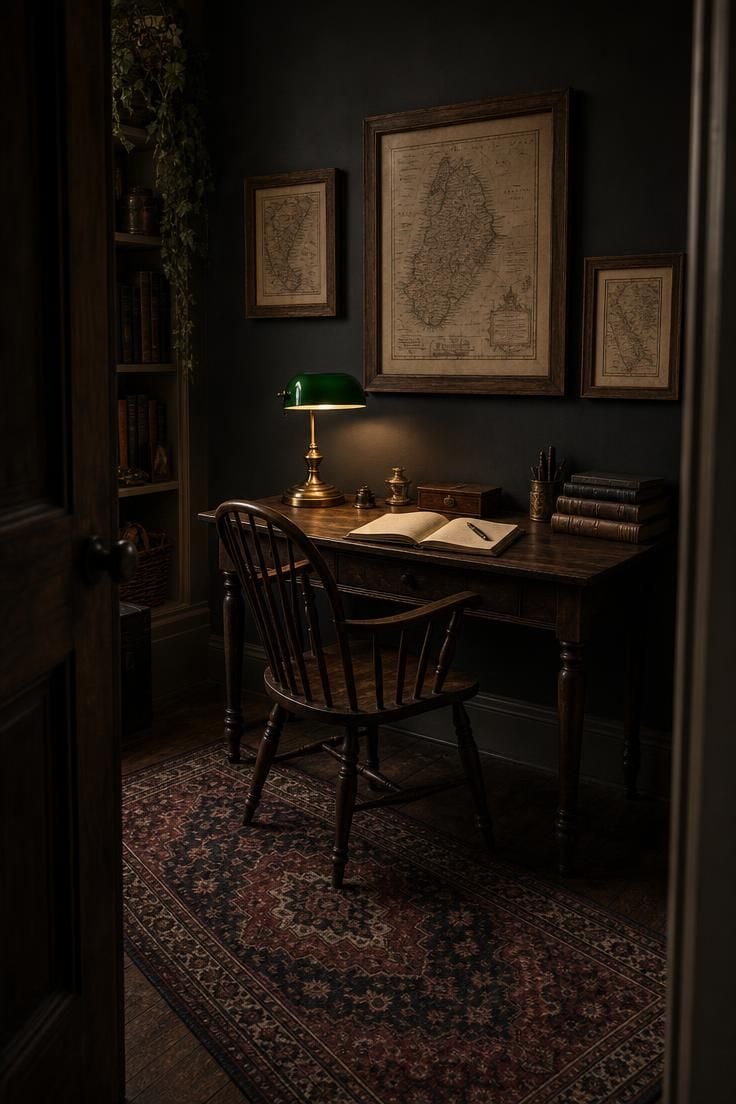12 Charming Cottage Office Ideas for Calm Workdays 10 A vintage map gallery wall above a narrow writing table with a Windsor chair and brass desk lamp in a moody cottage office.