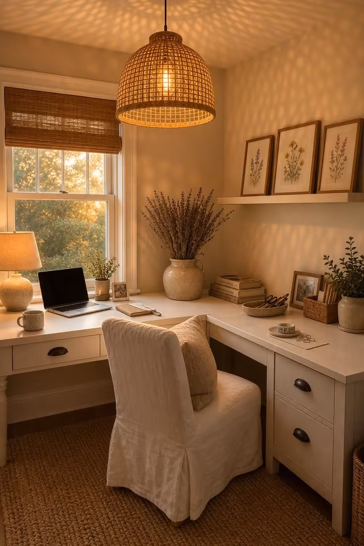 12 Charming Cottage Office Ideas for Calm Workdays 11 A rattan pendant light casting patterned shadows over an L-shaped corner cottage desk with dried lavender and a slipcovered chair.
