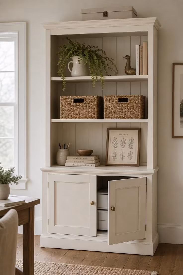 12 Charming Cottage Office Ideas for Calm Workdays 12 A creamy white painted hutch with open upper shelves and a hidden printer behind closed lower cabinet doors in a cottage office.
