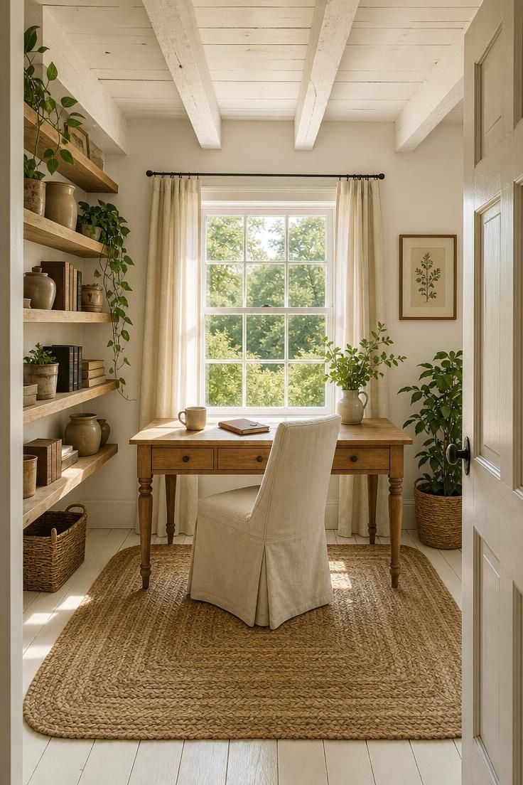 A bright and airy cottage office with a honey oak desk, linen curtains, open pine shelving, and warm midday light streaming through a large window.