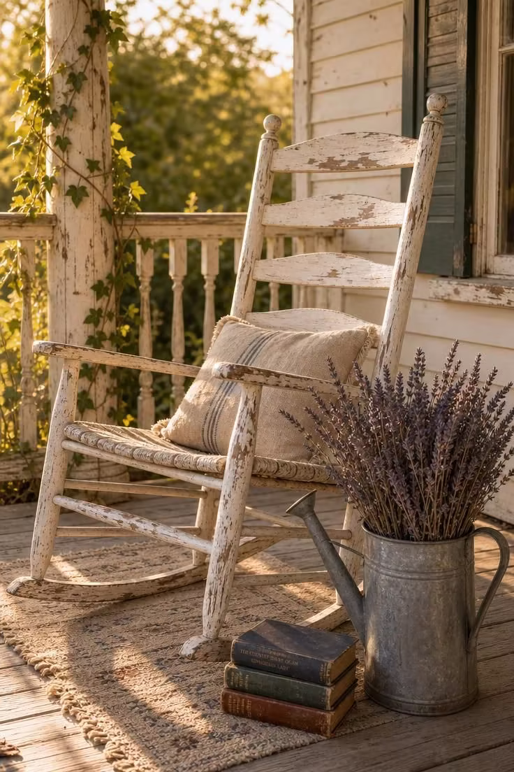 11 Charming Cottage Porch Ideas for a Cozy Outdoor Welcome 1 A whitewashed ladder-back rocking chair on a cottage porch beside a zinc watering can filled with dried lavender, bathed in warm afternoon light.