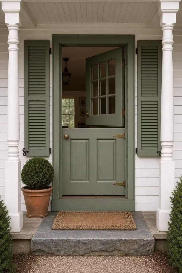 11 Charming Cottage Porch Ideas for a Cozy Outdoor Welcome 2 Sage green cottage shutters framing a Dutch door with brass hardware on a covered porch, photographed on a cool overcast morning.