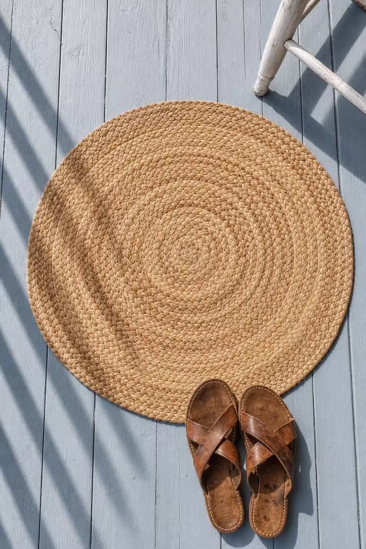 11 Charming Cottage Porch Ideas for a Cozy Outdoor Welcome 3 Overhead view of a round braided jute rug on blue-gray painted porch floorboards in bright midday light.