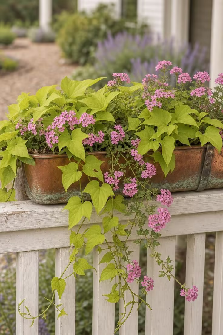 11 Charming Cottage Porch Ideas for a Cozy Outdoor Welcome 4 Chartreuse sweet potato vine trailing from a patinated copper trough planter on a cottage porch railing in soft diffused light.