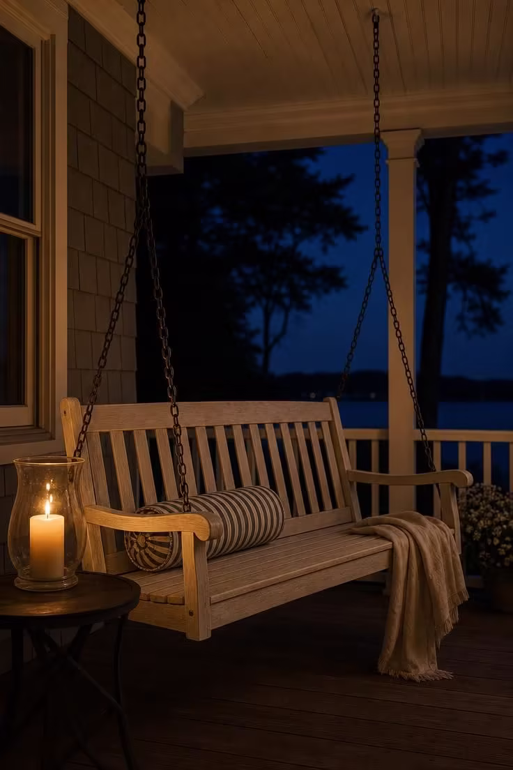11 Charming Cottage Porch Ideas for a Cozy Outdoor Welcome 5 A slatted white oak porch swing with a ticking stripe cylinder pillow on a cottage porch in moody evening light.