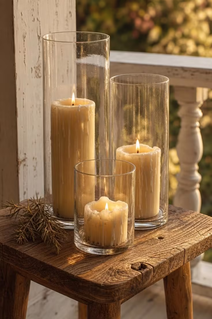 11 Charming Cottage Porch Ideas for a Cozy Outdoor Welcome 6 Three hurricane glass candle holders at varying heights grouped on a reclaimed elm side table on a cottage porch in warm late-afternoon light.