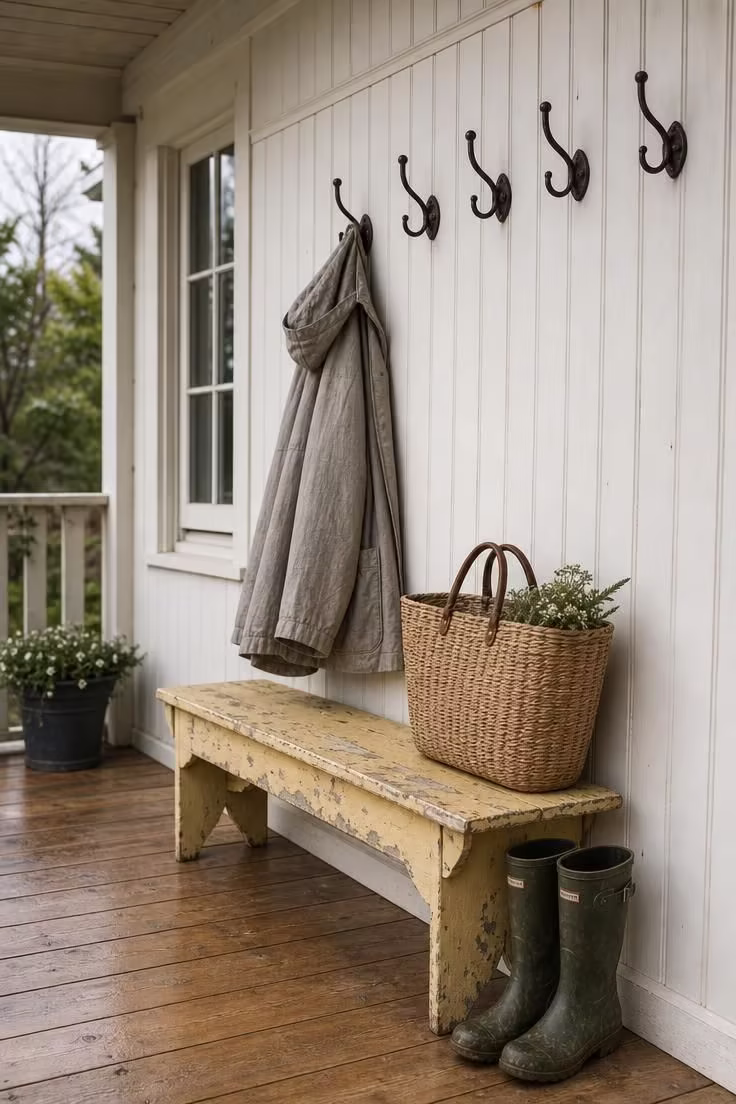 11 Charming Cottage Porch Ideas for a Cozy Outdoor Welcome 7 A chippy milk-paint bench in pale butter yellow under forged iron coat hooks on a beadboard cottage porch wall on an overcast afternoon.