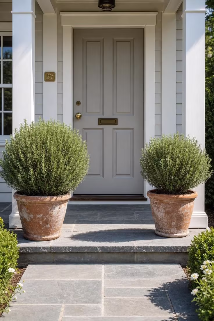 11 Charming Cottage Porch Ideas for a Cozy Outdoor Welcome 8 Two potted rosemary topiaries in aged terra cotta pots flanking a bluestone threshold on a cottage porch in bright midday light.