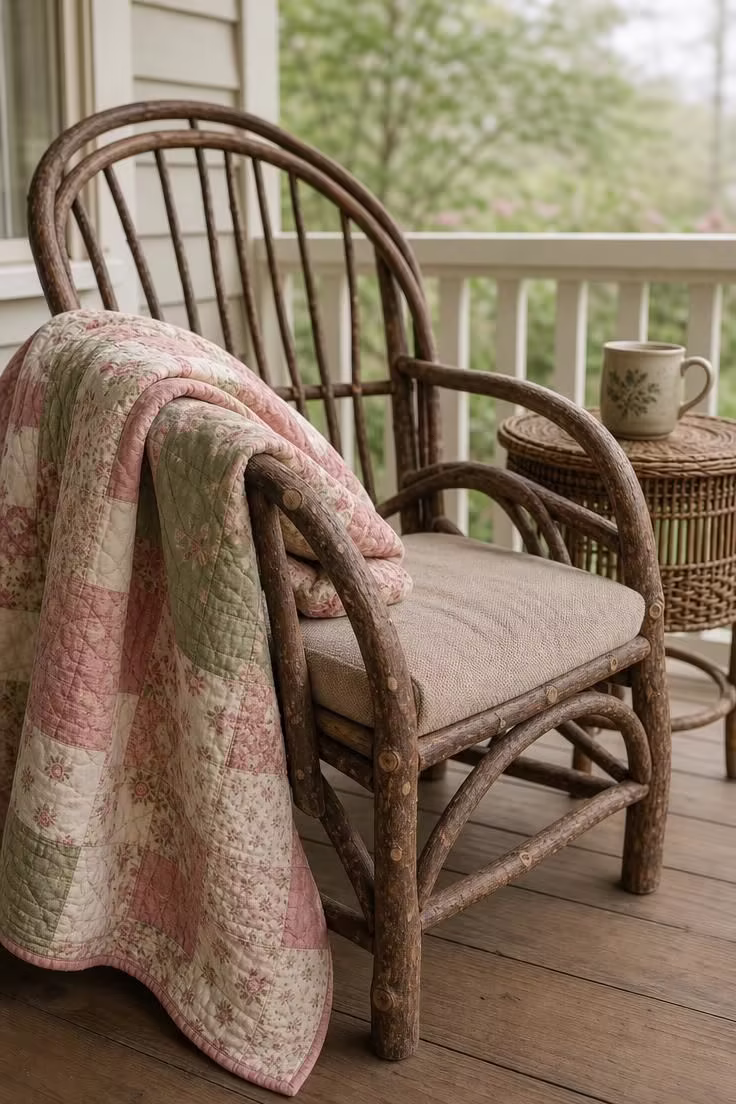11 Charming Cottage Porch Ideas for a Cozy Outdoor Welcome 9 A hand-stitched quilted throw in faded rose and sage draped over a bent-willow armchair on a cottage porch in soft diffused light.