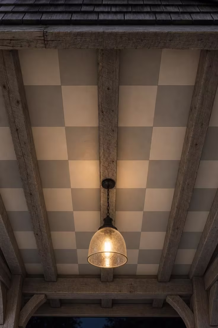 11 Charming Cottage Porch Ideas for a Cozy Outdoor Welcome 10 A checkerboard-painted cottage porch ceiling in cream and dove tones with exposed rough-hewn rafters in moody evening light.