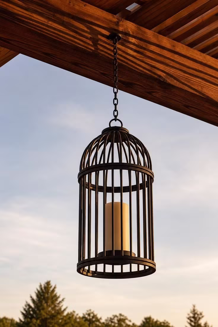 11 Charming Cottage Porch Ideas for a Cozy Outdoor Welcome 11 An oversized iron birdcage lantern hanging from a cedar pergola beam on a cottage porch, lit by warm late-afternoon light.