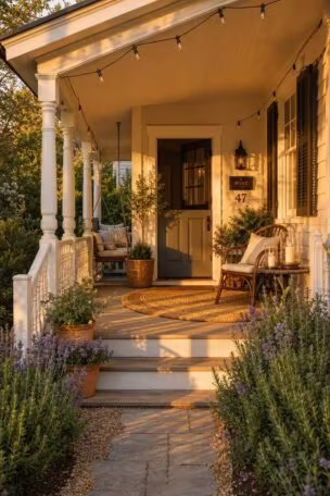 A full cottage front porch viewed from the garden path at golden hour, showing a porch swing, potted plants, a Dutch door, and a braided jute rug anchoring a seating area with string lights along the roofline.