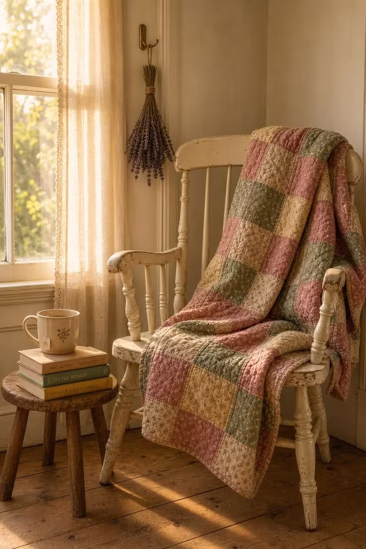 13 Charming Cottagecore Reading Nook Ideas to Recreate 1 A cream-painted spindle-back chair draped with a patchwork quilt in rose and sage tones beside a sunlit window with muslin curtains.