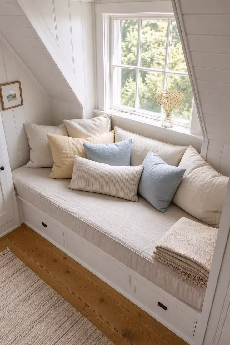 13 Charming Cottagecore Reading Nook Ideas to Recreate 2 A linen-covered daybed with cream and blue pillows tucked into a whitewashed dormer alcove flooded with midday light.