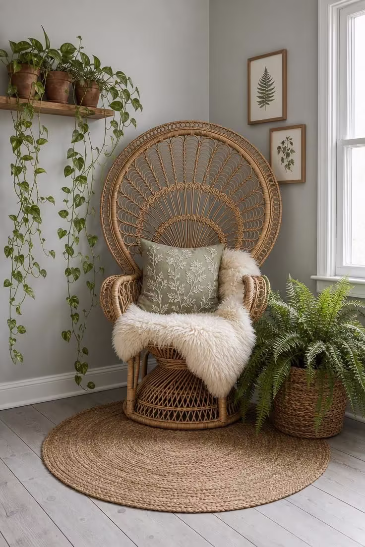 13 Charming Cottagecore Reading Nook Ideas to Recreate 3 A rattan peacock chair with a sheepskin throw and sage cushion surrounded by trailing pothos and a Boston fern in soft diffused light.