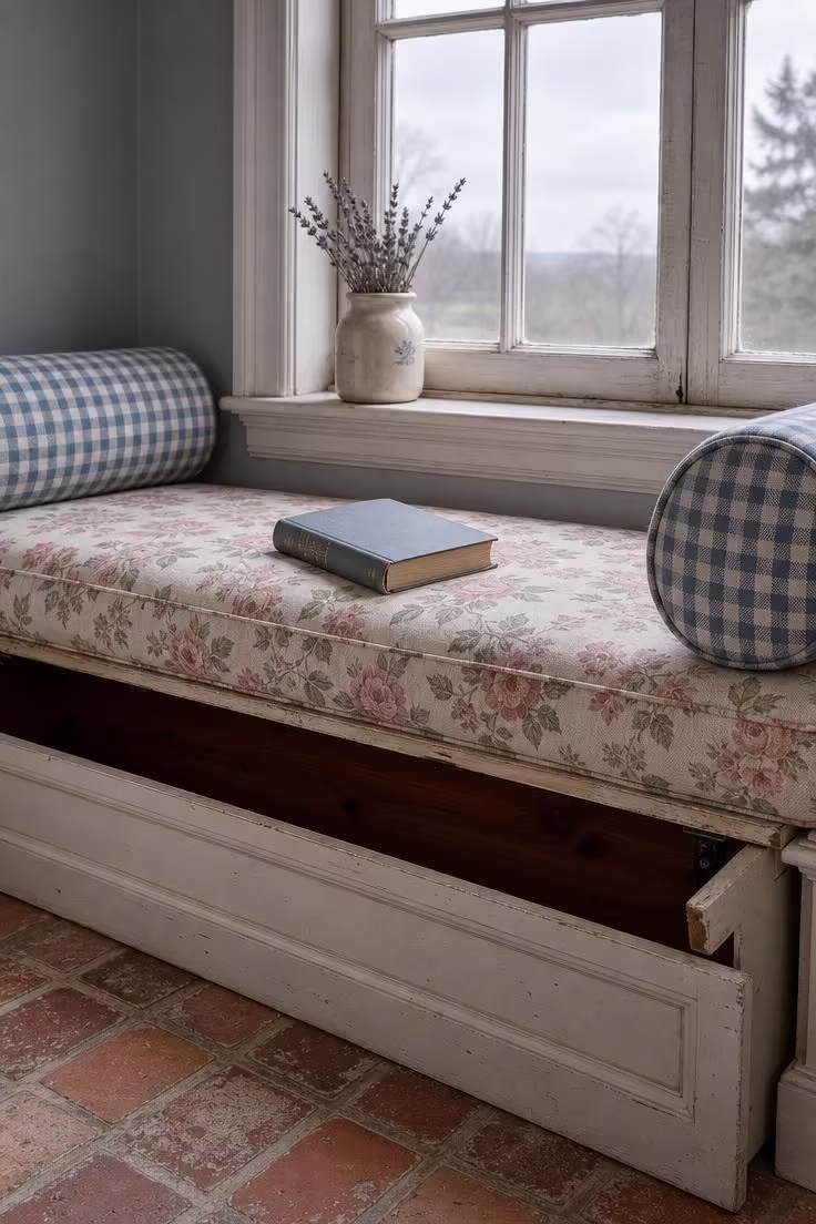 13 Charming Cottagecore Reading Nook Ideas to Recreate 4 A floral chintz window seat with gingham bolsters and cedar-lined storage below in cool overcast morning light.