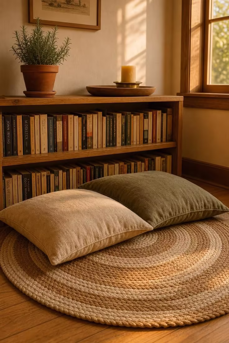 13 Charming Cottagecore Reading Nook Ideas to Recreate 5 Oversized linen floor cushions on a braided jute rug in front of a low oak bookshelf bathed in golden hour light.