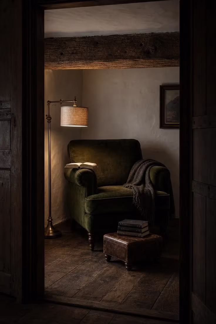 13 Charming Cottagecore Reading Nook Ideas to Recreate 6 A moss-green velvet armchair under an exposed oak beam with a brass floor lamp casting warm reading light in a dim room.