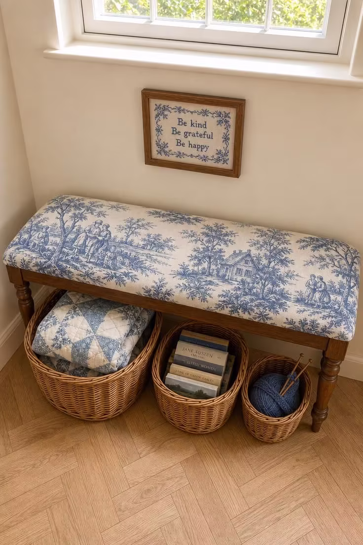 13 Charming Cottagecore Reading Nook Ideas to Recreate 7 A toile-covered bench in blue and cream with graduated wicker baskets below and a cross-stitch sampler above in bright midday light.