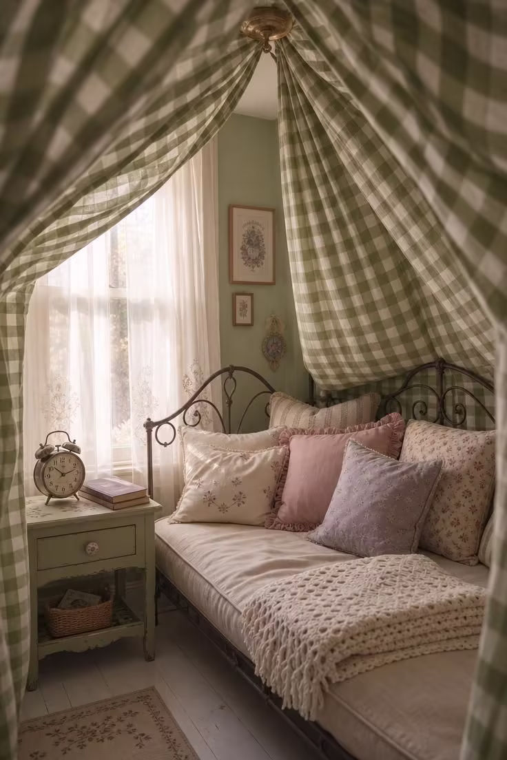 13 Charming Cottagecore Reading Nook Ideas to Recreate 8 A wrought iron bed frame corner with a green gingham canopy, mismatched pillows, and a crocheted throw in soft diffused light.