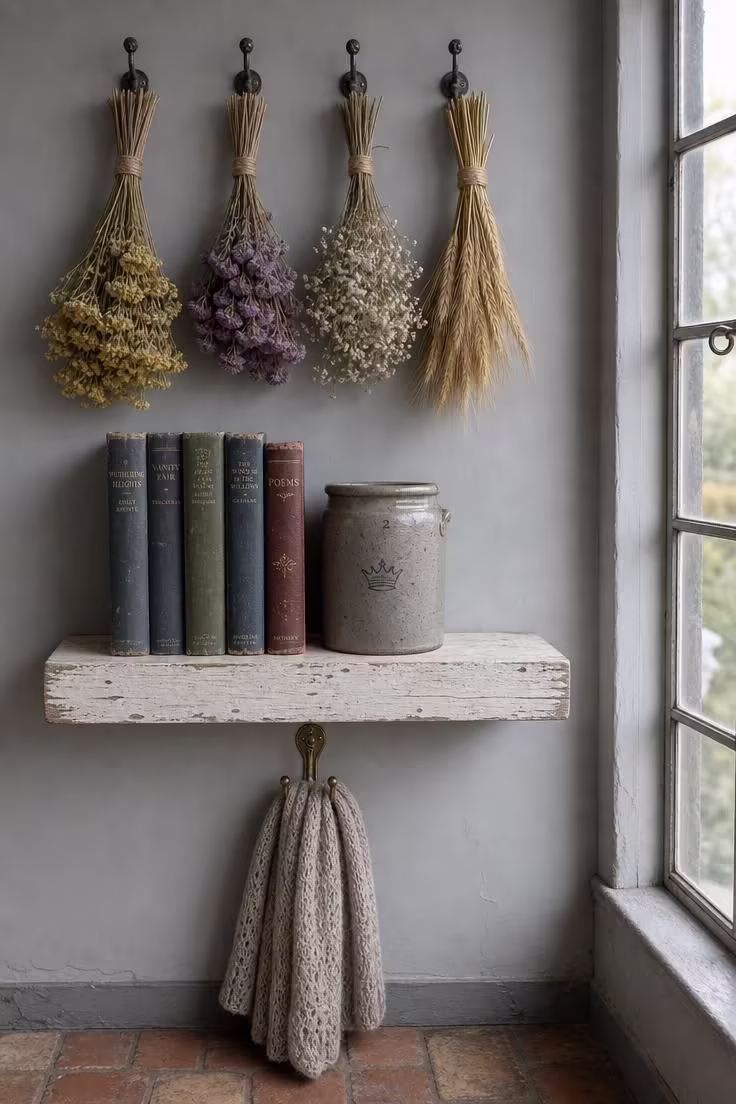 13 Charming Cottagecore Reading Nook Ideas to Recreate 9 Dried wildflower bundles hung above a painted pine shelf with old hardcovers and a stoneware crock in cool overcast light.