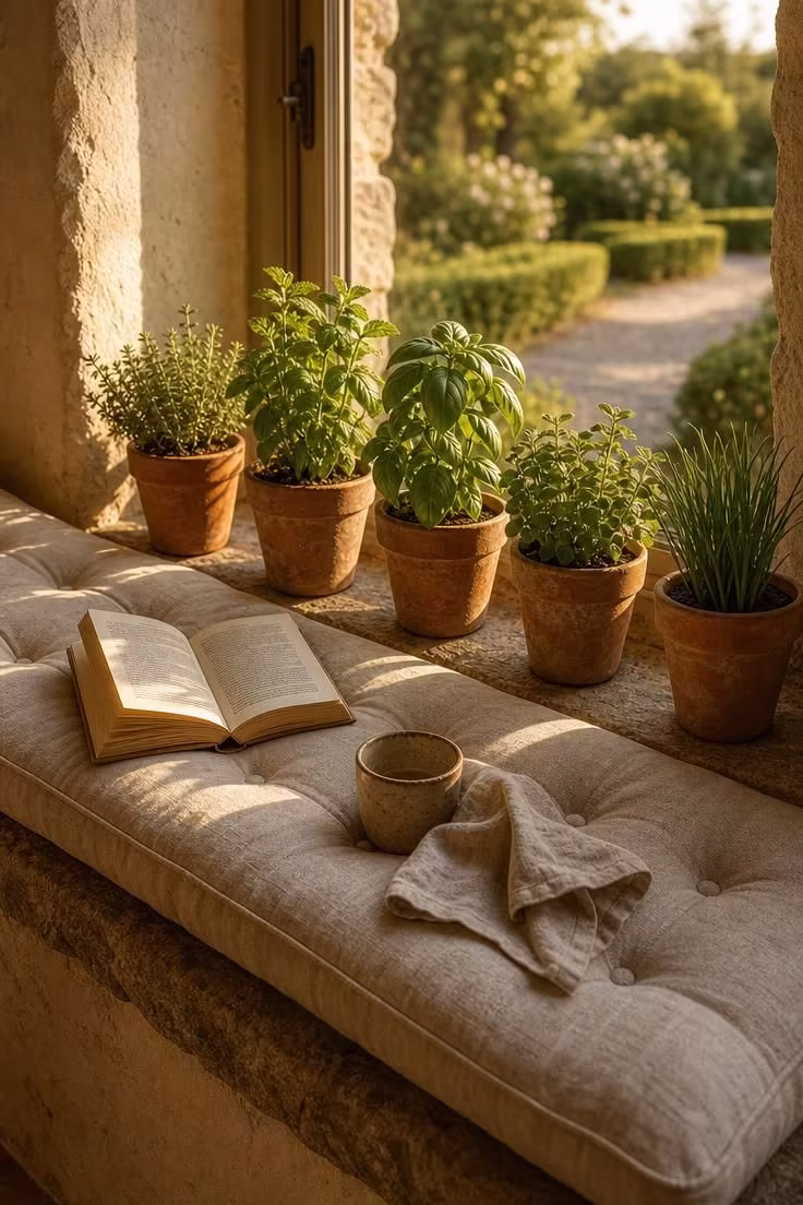 13 Charming Cottagecore Reading Nook Ideas to Recreate 10 A stone windowsill reading perch with terracotta herb pots, a tufted linen cushion, and warm late-afternoon garden light.