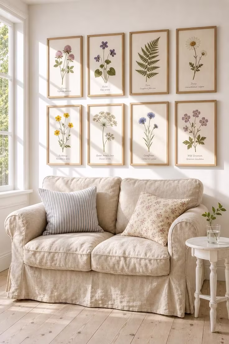 13 Charming Cottagecore Reading Nook Ideas to Recreate 12 A linen slipcovered loveseat with vintage throw pillows beneath a pressed-flower gallery wall in bright midday light.