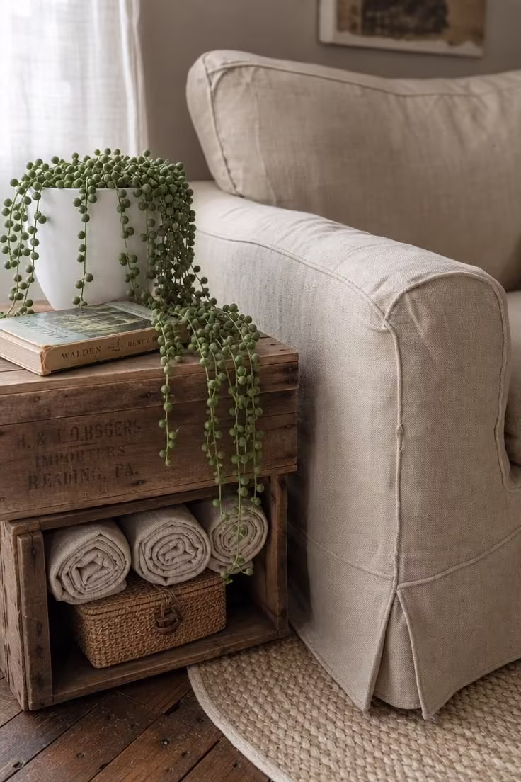 13 Charming Cottagecore Reading Nook Ideas to Recreate 13 A canvas drop-cloth armchair beside stacked reclaimed wood crate side tables with a trailing string-of-pearls plant in soft diffused light.