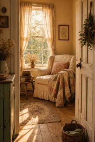 A cottagecore reading nook with a linen armchair, patchwork quilt, old books, and dried wildflowers in warm golden afternoon light viewed through a doorway.