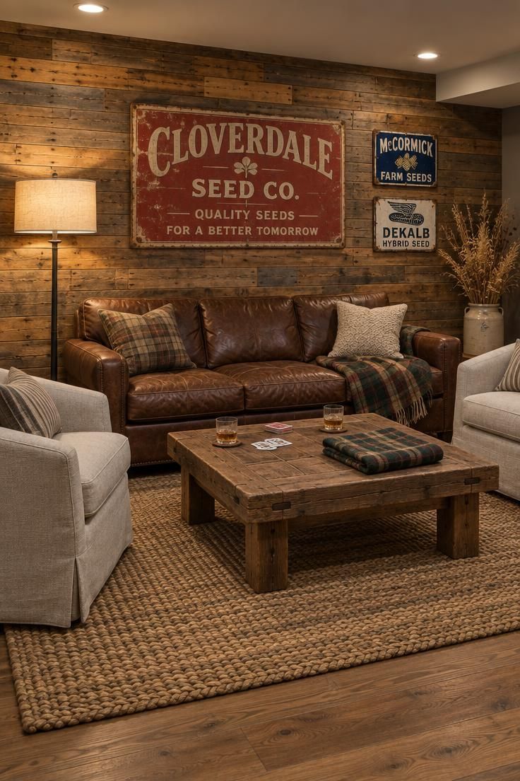 Basement den with a horizontal reclaimed plank wall in varied brown tones, a brown leather sofa, two oatmeal canvas club chairs, a large faded seed-company sign, a braided jute rug, and a warm-lit floor lamp.