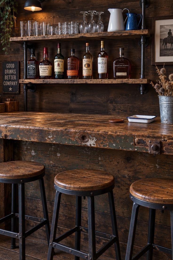 Close view of a scarred wooden workbench used as a home bar counter with black iron stools, pipe-and-plank open shelves holding glassware, enamel pitchers, and a short row of bottles against a dark wood wall.