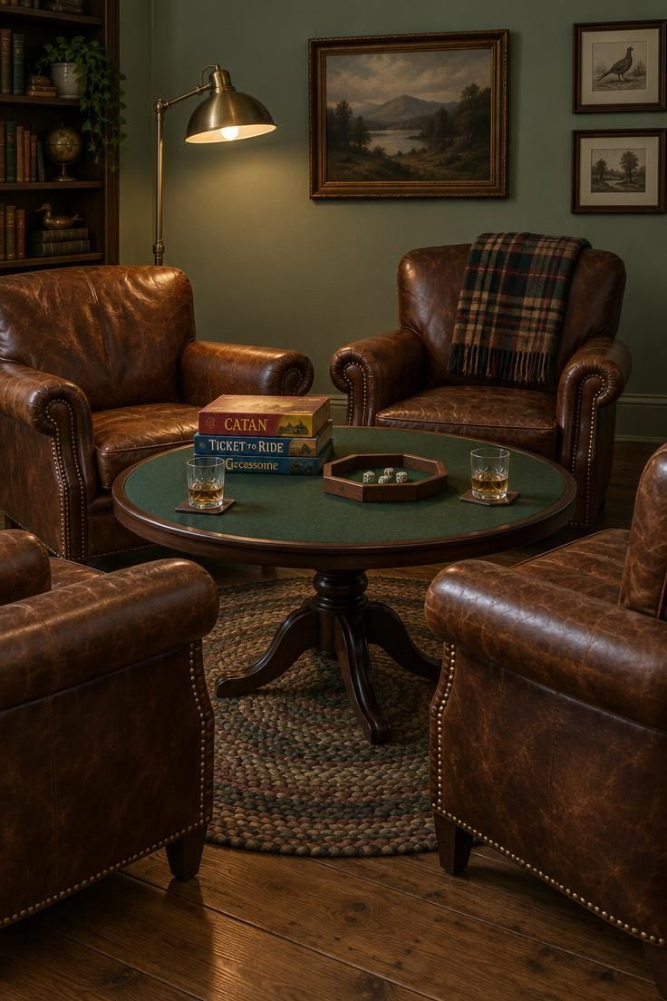 Four worn brown leather club chairs with nailhead trim around a round game table with a green felt top, lit by a brass floor lamp, with board games, a dice tray, and a plaid throw nearby.