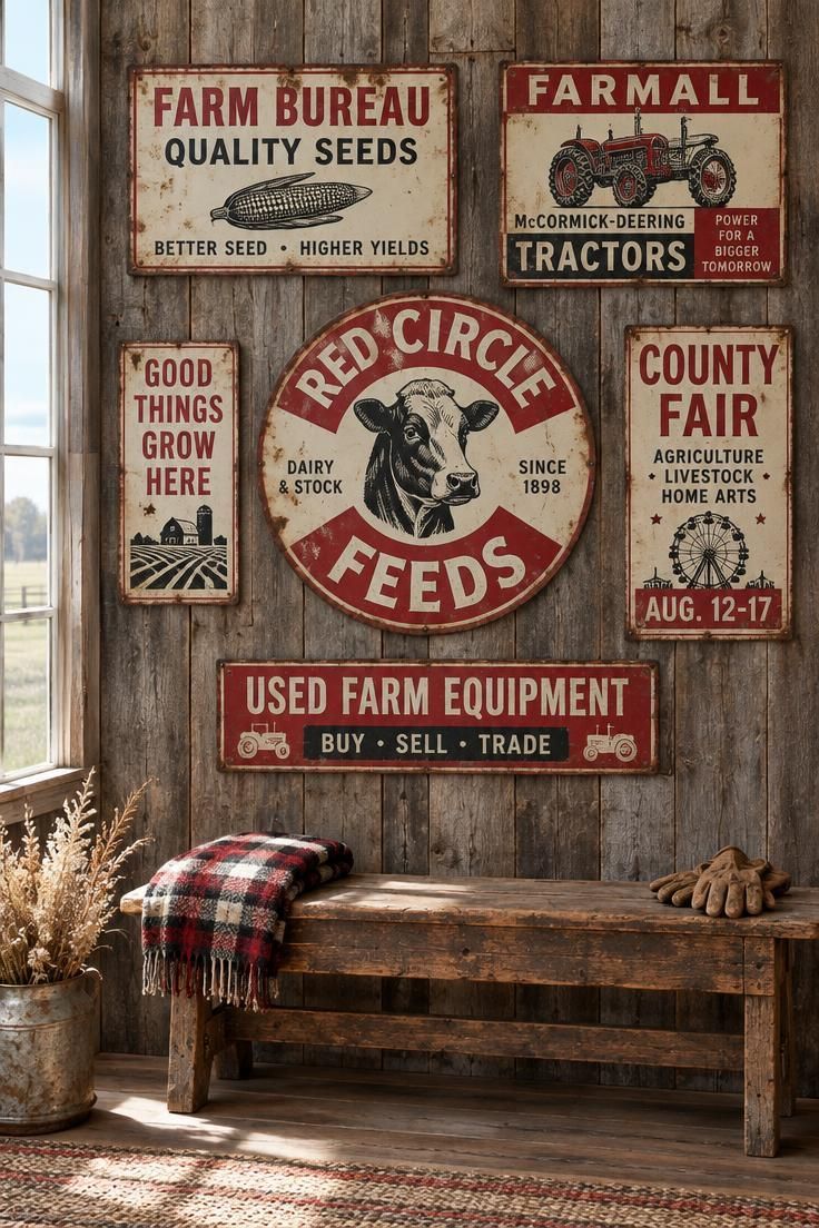 Gallery wall of faded vintage farm signs in red, cream, and black arranged around a round enamel feed sign on a barn wood accent wall, with a wooden bench holding a plaid blanket below.