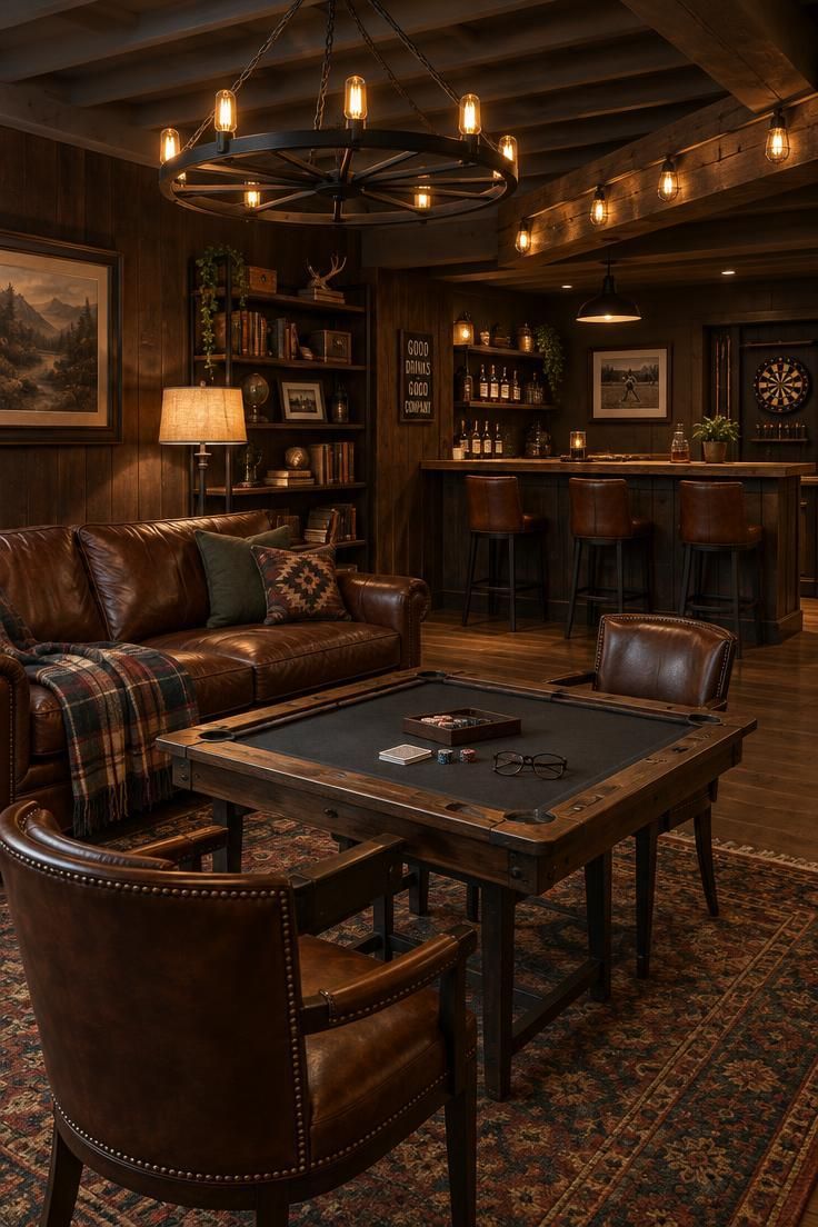 Evening view of a basement man cave with a black iron wagon-wheel chandelier over a leather sofa and game table, a floor lamp beside the seating, a pendant over the bar, and string lights along a ceiling beam.