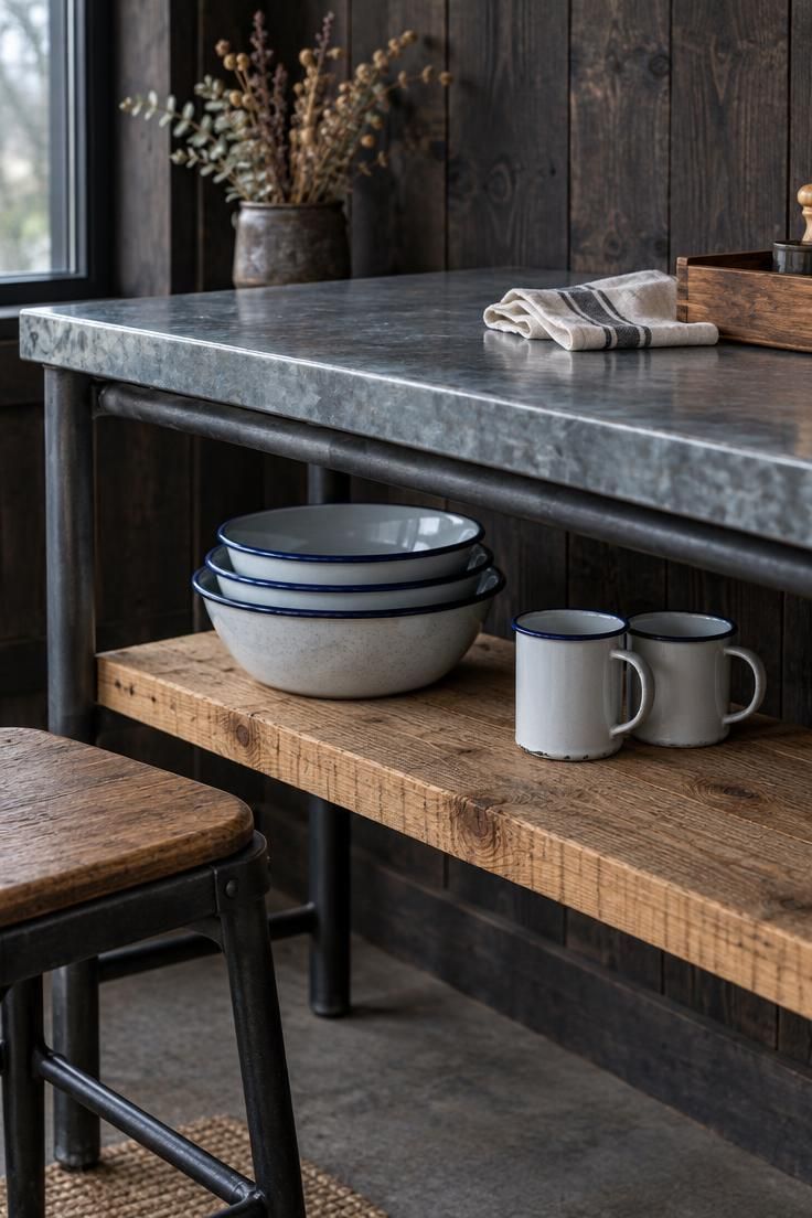 Galvanized metal counter on a dark tubular steel frame with a rough-sawn pine shelf below holding enamelware bowls and tin mugs, with a black iron stool partly visible in front.