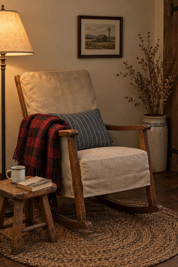 Corner reading nook with an oak rocker in a natural canvas slipcover, a red-and-black plaid wool throw, an indigo ticking cushion, a braided jute rug, and a warm parchment-shade floor lamp.