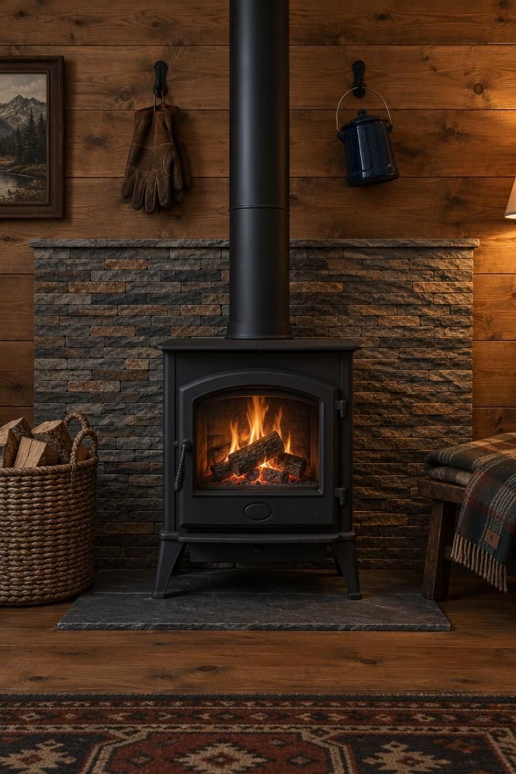 Black freestanding stove in front of a low wide stacked slate surround on a wide-plank wood wall, with black iron hooks holding leather gloves and a log basket beside it.