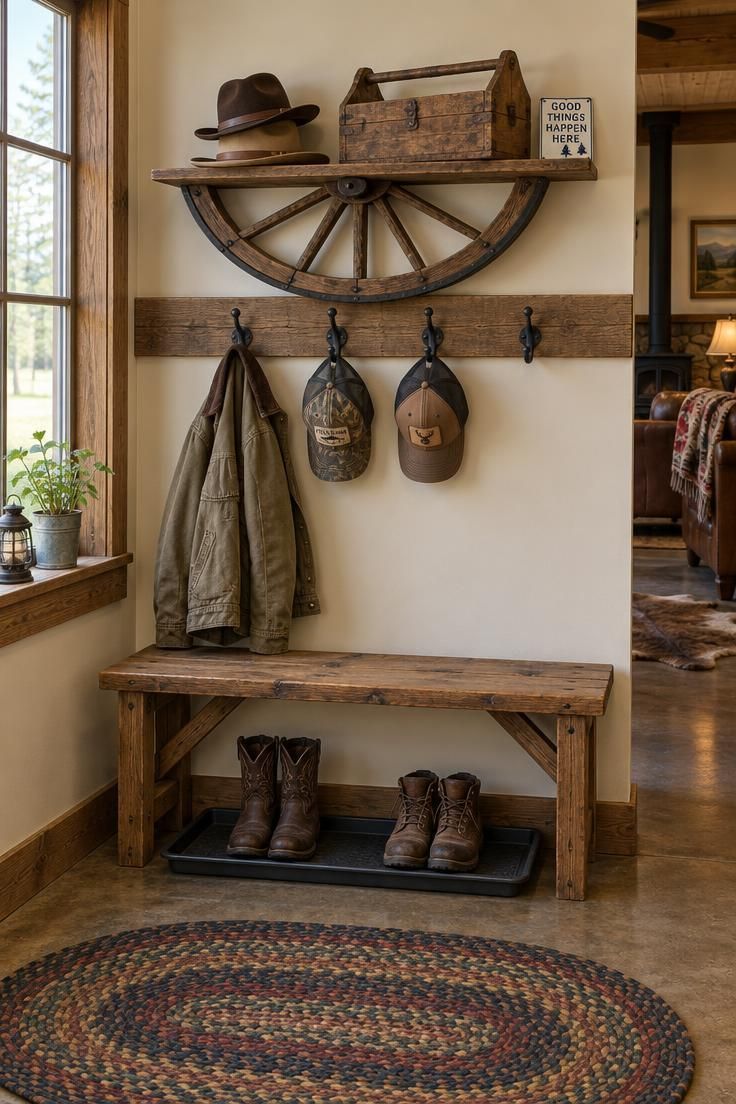 Entry corner with a half wagon wheel mounted as a shelf holding felt hats and a wooden toolbox, black iron hooks with a canvas jacket and caps, a bench with a boot tray, and a braided oval rug.