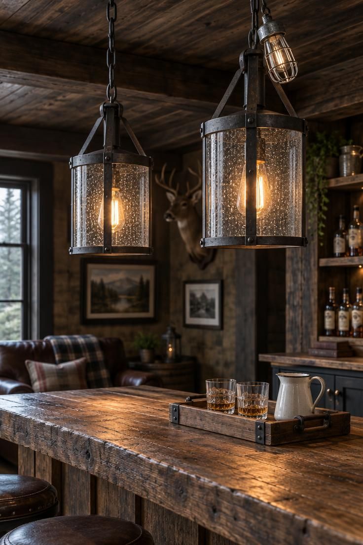 Two blackened iron and seeded glass lantern pendants with warm bulbs hanging over a rough-sawn bar counter, with a galvanized bulb cage accent against a dark stained wood ceiling.