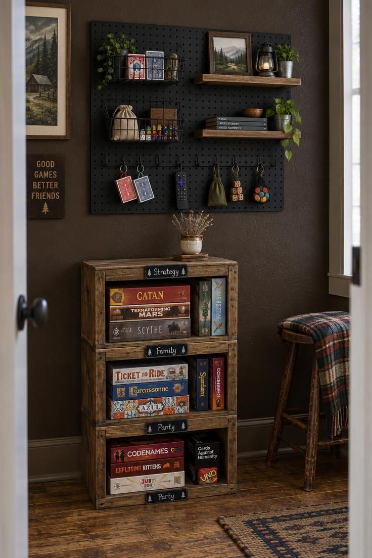 Dark brown side wall with a black pegboard holding wire baskets, small shelves, and hooks, with three wooden crates stacked below filled with board games and labeled with chalkboard tags.