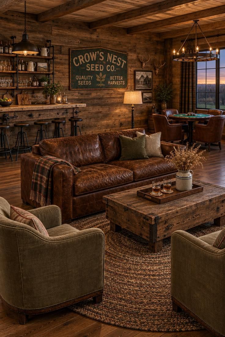 Simple Spaces 25 Cozy country man cave with a reclaimed plank wall behind a leather sofa and canvas chairs, a workbench bar with black iron stools, a felt-topped game table under a wagon-wheel chandelier, and warm layered lighting throughout.