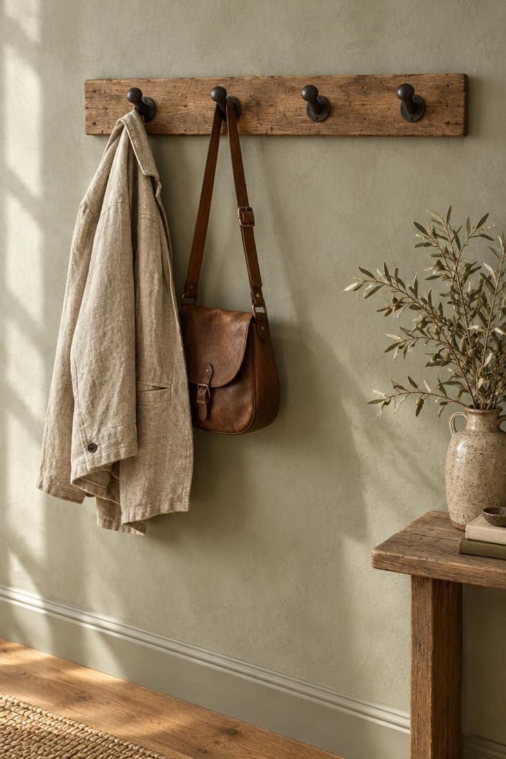 11 Warm Country Style Hallway Ideas for a Welcoming Home 1 Weathered oak peg rail with dark iron pegs on a pale sage limewashed wall, holding a linen jacket and a leather bag, with a slim console and dried olive branches below.