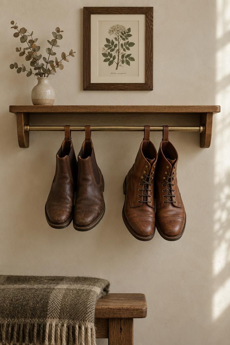 11 Warm Country Style Hallway Ideas for a Welcoming Home 2 Shallow oak wall shelf with a brass rod holding two pairs of brown leather boots upside down, below a framed botanical print on a warm cream wall.