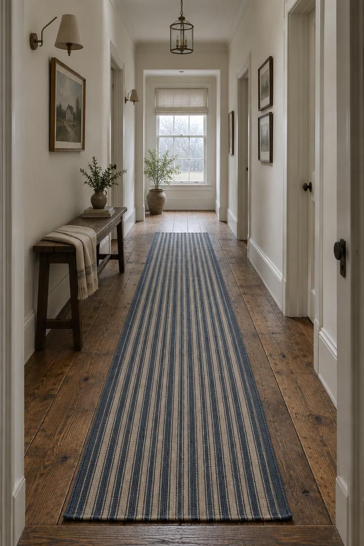 11 Warm Country Style Hallway Ideas for a Welcoming Home 3 Blue-and-cream ticking stripe runner centered on reclaimed wide-plank oak flooring in a long hallway, with a narrow dark wood bench along the left wall.
